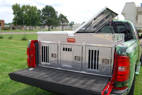 Dog Box Hunter Series Triple Compartment with Top Storage / 58 W x 40 D x 26 H / All Seasons Rear Vents / Diamond Tread Aluminum / Owens Products