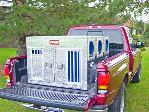 Dog Box Hunter Series Double Compartment / Bear/Cat / 38 W x 45 D x 27 H / Striker Holes / Diamond Tread Aluminum / Owens Products