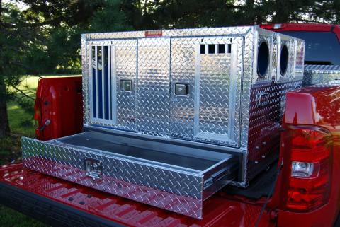 Dog Box Pro Hunter Series Double Compartment with Bottom Drawer / Bear/Cat / 46 W x 45 D x 32 H / Striker Holes / Diamond Tread Aluminum / Owens Products