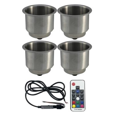 (4) Marine 12-Volt Universal Stainless Steel 304 RGB Multi-Color Glass Bottle and Cup Holder Kit with RF Remote Control