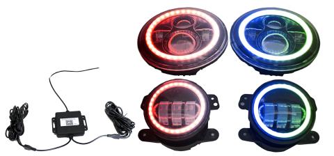 Jeep Wrangler 7 Inch Headlight and 4 Inch Foglight ColorSMART Combo Complete RGB Multi-Color Kit Smartphone Controlled W/ 2 Headlights and 2 Foglights Race Sport Lighting