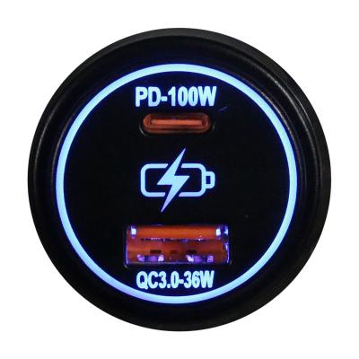 Round Socket Auxiliary Charging Port with C-Type PD 100W + A-Type USB3.0 36W Blue Indigo LED Race Sport Lighting