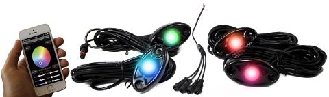  4-LED Glow Pod Black Kit Smartphone Controlled with Brain Box IP68 12V with All Hardware RGB Multi Color w/ Black Rock Light Housings ColorSMARTRace Sport Lighting