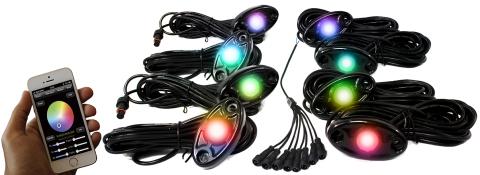 8-LED Glow Pod Black Kit Smartphone Controlled with Brain Box IP68 12V with All Hardware ColorSMART Race Sport Lighting