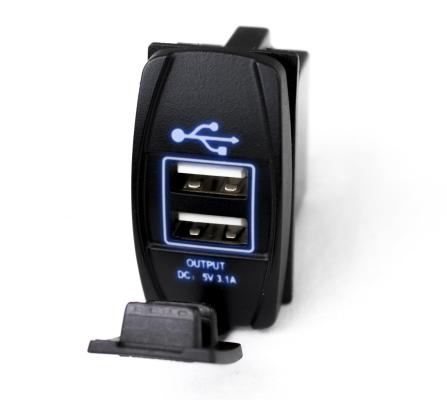 LED Rocker Switch 2-Port USB Charge Panel w/ Blue Radiance Race Sport Lighting