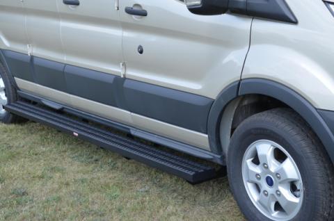 Running Boards Grip Strut Commercial 15-18 Ford Transit Van Full Length Both Sides 2 Inch Riser 148 Inch Aluminum Textured Black Owens Products