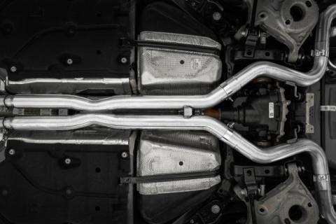 24-Up Ford Mustang GT 5.0L, Armor BLK Black-Coated Aluminized Steel 3 Inch Cat-Back Dual Split Rear with Quad Black Tips, Race Profile MBRP