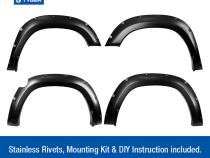 Fender Flares For 19-22 Ram 1500 Double and Crew Cab Not For Rebel or Classic Smooth Paintable Matte Black Pocket Bolt-Riveted Style Set 4PC Tyger Auto