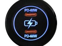 Round Socket Auxiliary Charging Port with Dual C-Type PD 60W Outputs Blue Indigo LED and Cover Race Sport Lighting