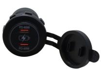 Round Socket Auxiliary Charging Port with Dual C-Type PD 60W Outputs Blue Indigo LED and Cover Race Sport Lighting