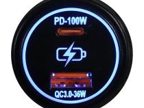 Round Socket Auxiliary Charging Port with C-Type PD 100W + A-Type USB3.0 36W Blue Indigo LED Race Sport Lighting